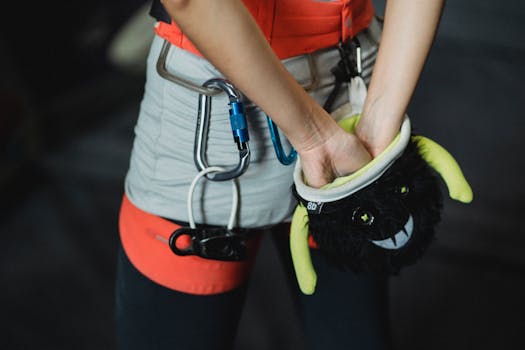 Back view of crop anonymous female climber in protective gear rubbing hands with chalk powder from bag before training in gym