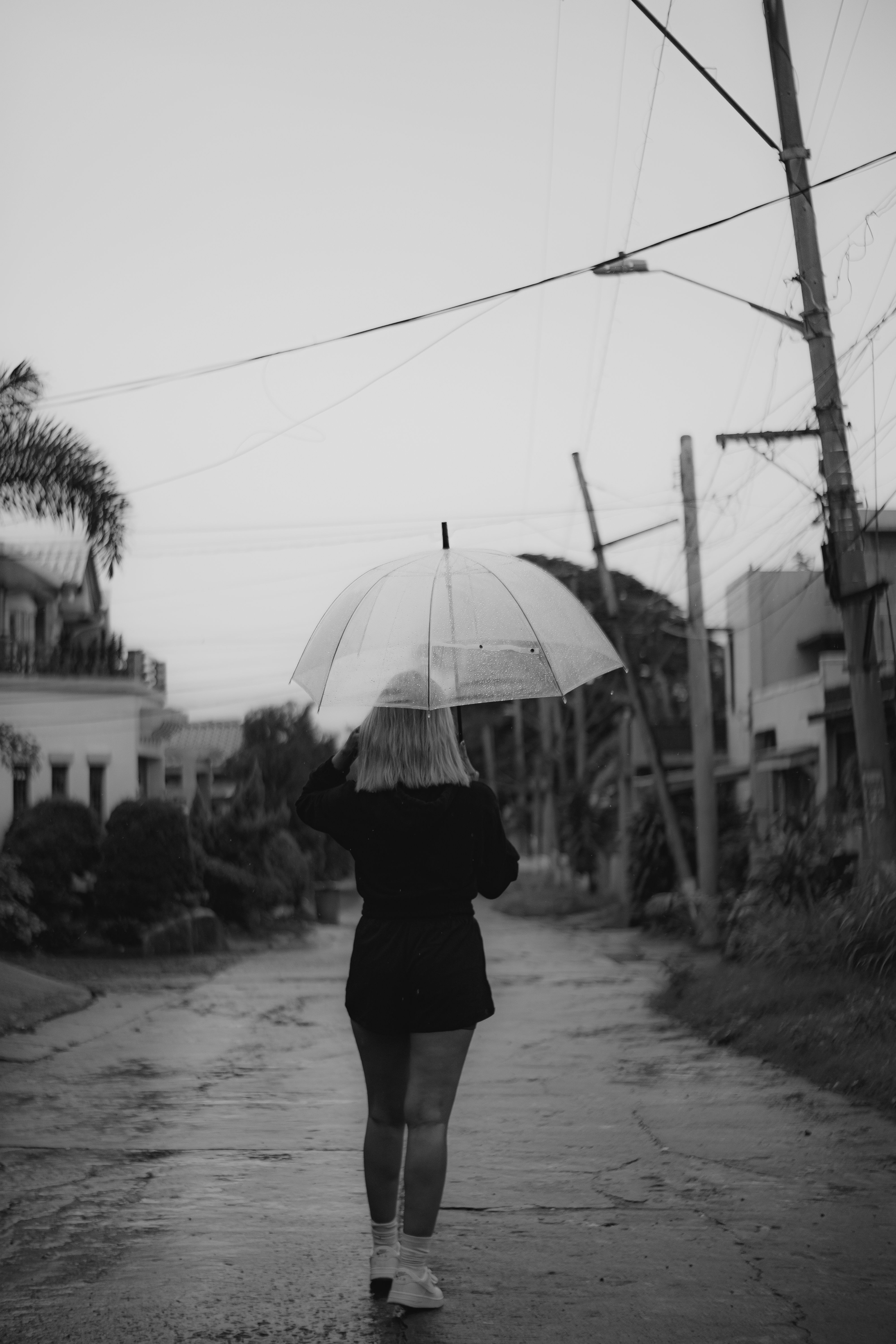 雨天，一位打着伞的匿名时尚女性漫步在城市道路上的黑白背影