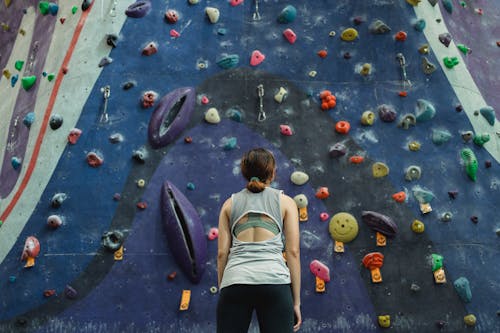 Back view of anonymous young female athlete in sportswear standing against colorful climbing wall and looking up before training in gym