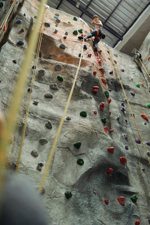 Anonymous determined climber gesturing on high artificial wall in gym