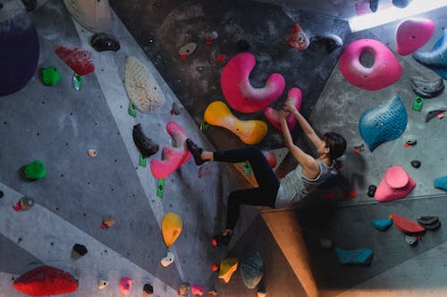 Side view of young determined ethnic female athlete in sportswear practicing indoor climbing on difficult steep wall with colorful grips in bouldering club