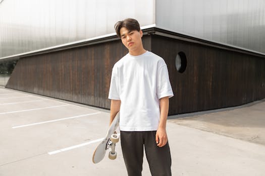 Stylish young man holding a skateboard in a contemporary urban environment.