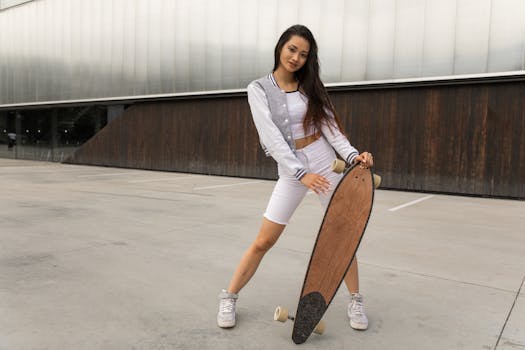 Full body of positive young ethnic lady in casual outfit leaning on cruising longboard and looking at camera while resting after skateboarding on city square