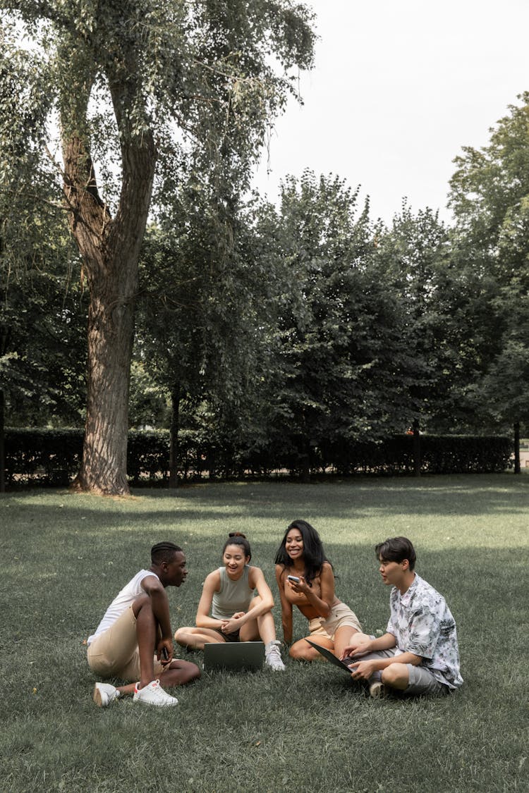 Multiracial Friends Gathering In Summer Park