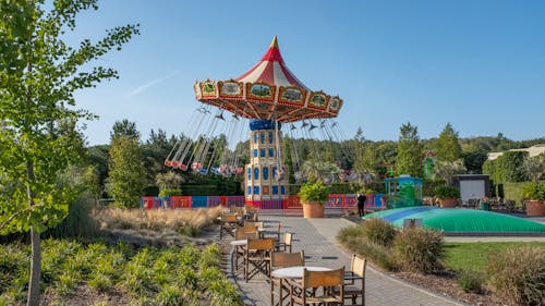 Colorful Carousel Surrounded by Green Trees 