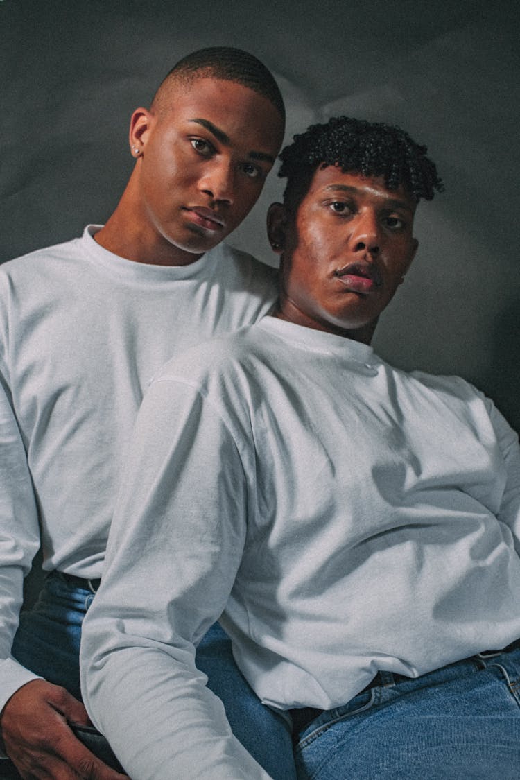 Trendy Homosexual African American Couple On Gray Background