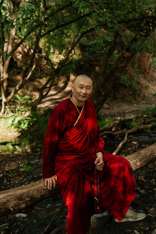 Monk in Red Robe Sitting on Tree Log