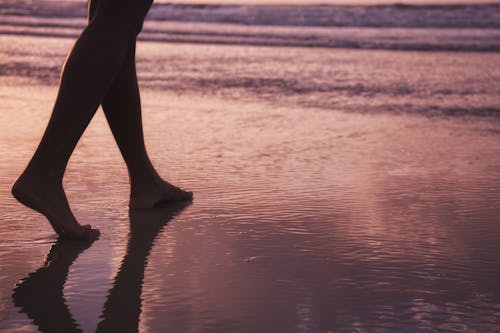Free Person Walking on Wet Sand during Sunset Stock Photo