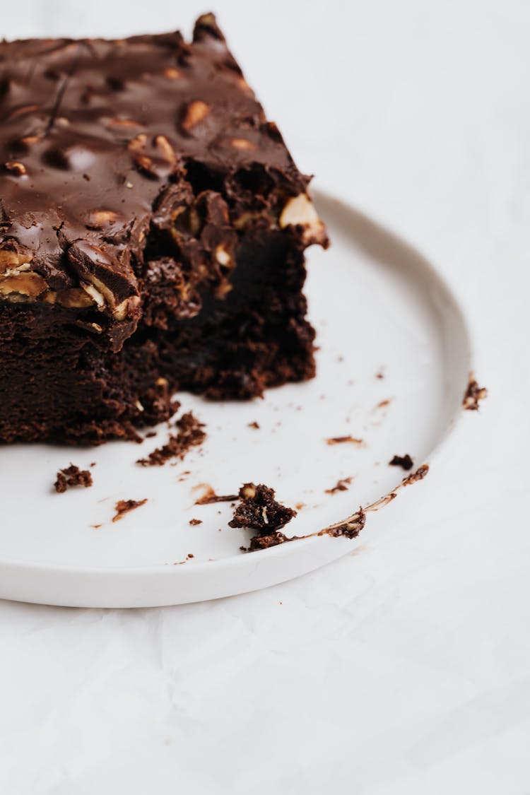 Chocolate Brownie On White Ceramic Plate