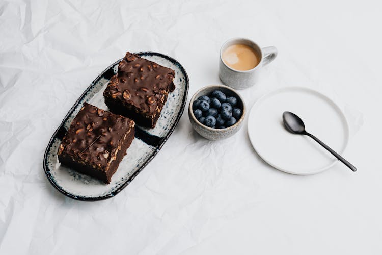 Brownie Cake, Blueberries And Coffee