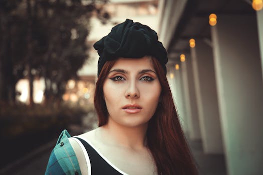 Portrait of a woman with headwear in an outdoor setting, featuring warm tones and soft light.