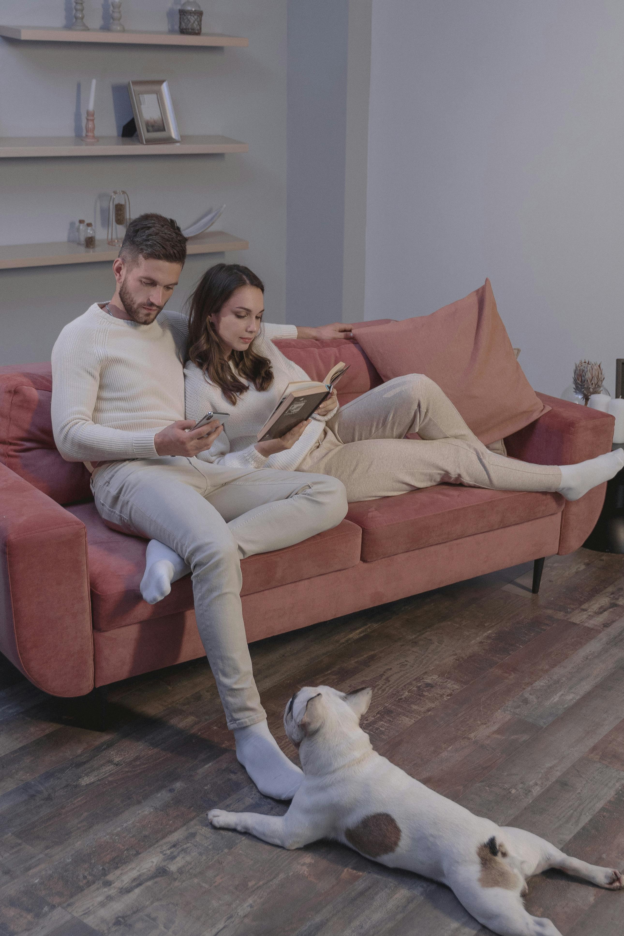 夫妇在沙发上放松，用智能手机和书阅读，狗就在附近