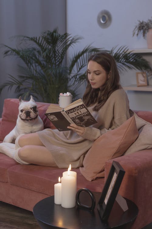 Free Woman Sitting on Couch while Reading a Book Stock Photo