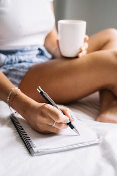 A woman enjoying a calm morning, drinking coffee and writing in a notebook while sitting in bed.