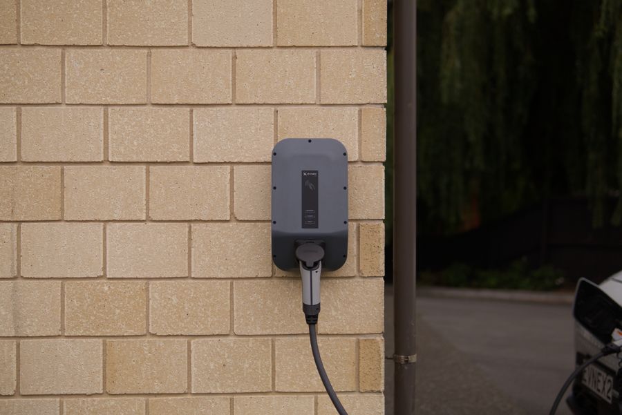 EV charger on garage wall — EV Charger + Outdoor Lighting, Palo Alto, CA