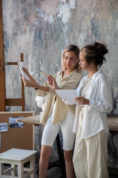两名妇女在一家艺术工作室里合作，讨论创意