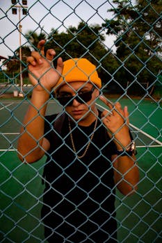A stylish man in sunglasses and beanie poses behind a chain link fence on a sunny day.