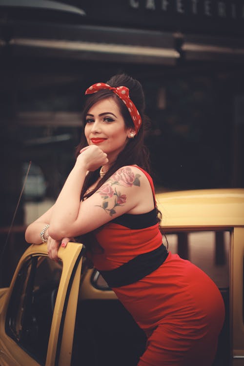 Free Beautiful Woman in Red Sleeveless Dress Stock Photo