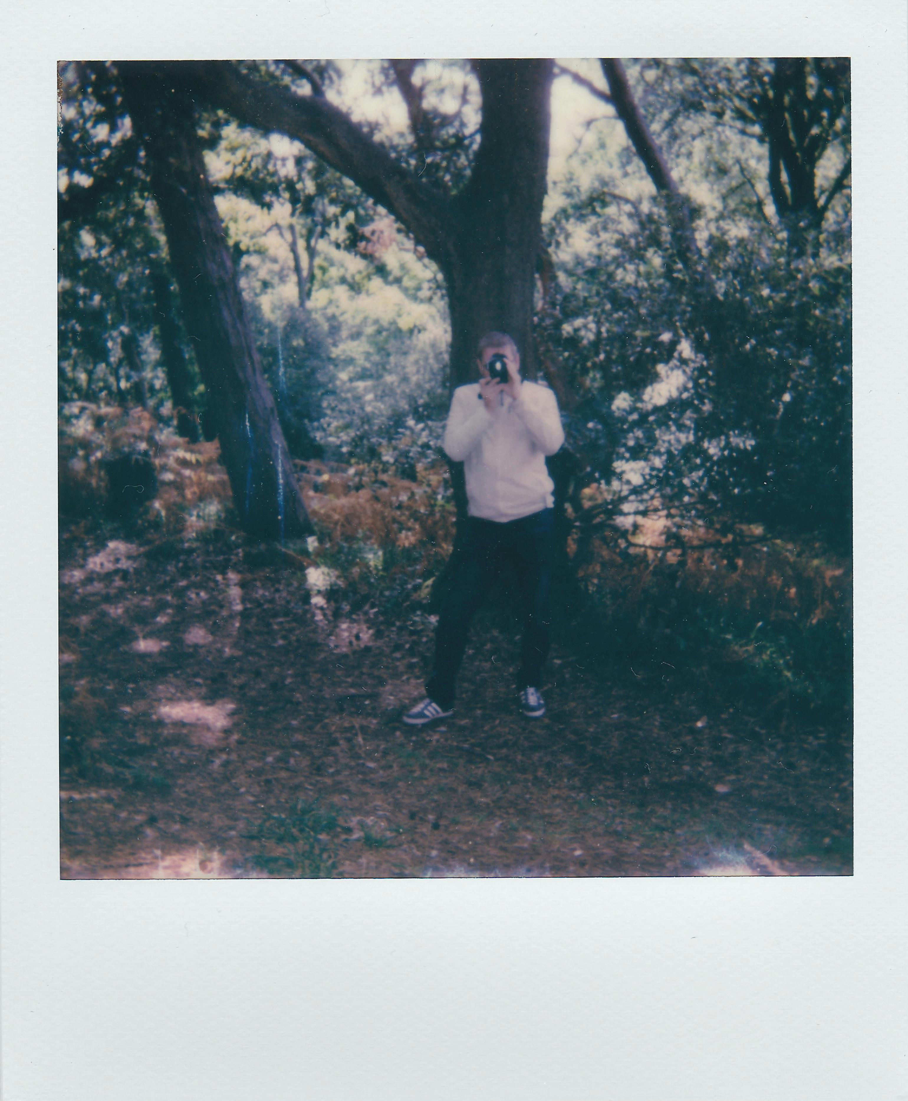 A man using a Polaroid camera in a forest captures a vivid outdoor scene.