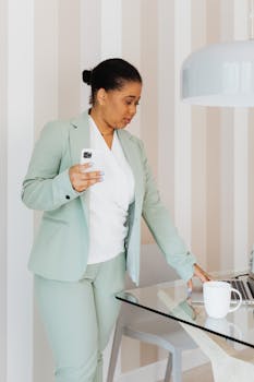 A businesswoman in a suit engaging with a laptop and smartphone at a modern office desk.