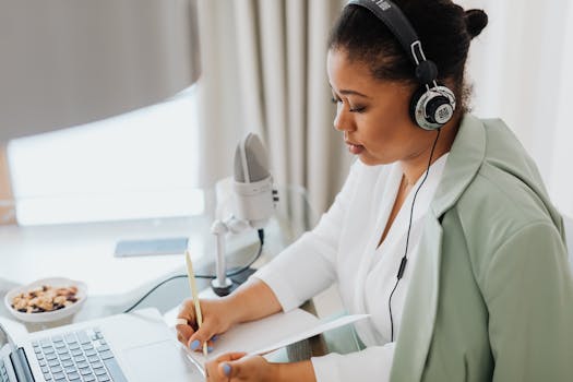 Woman wearing headphones, writing notes, and working on a laptop indoors.