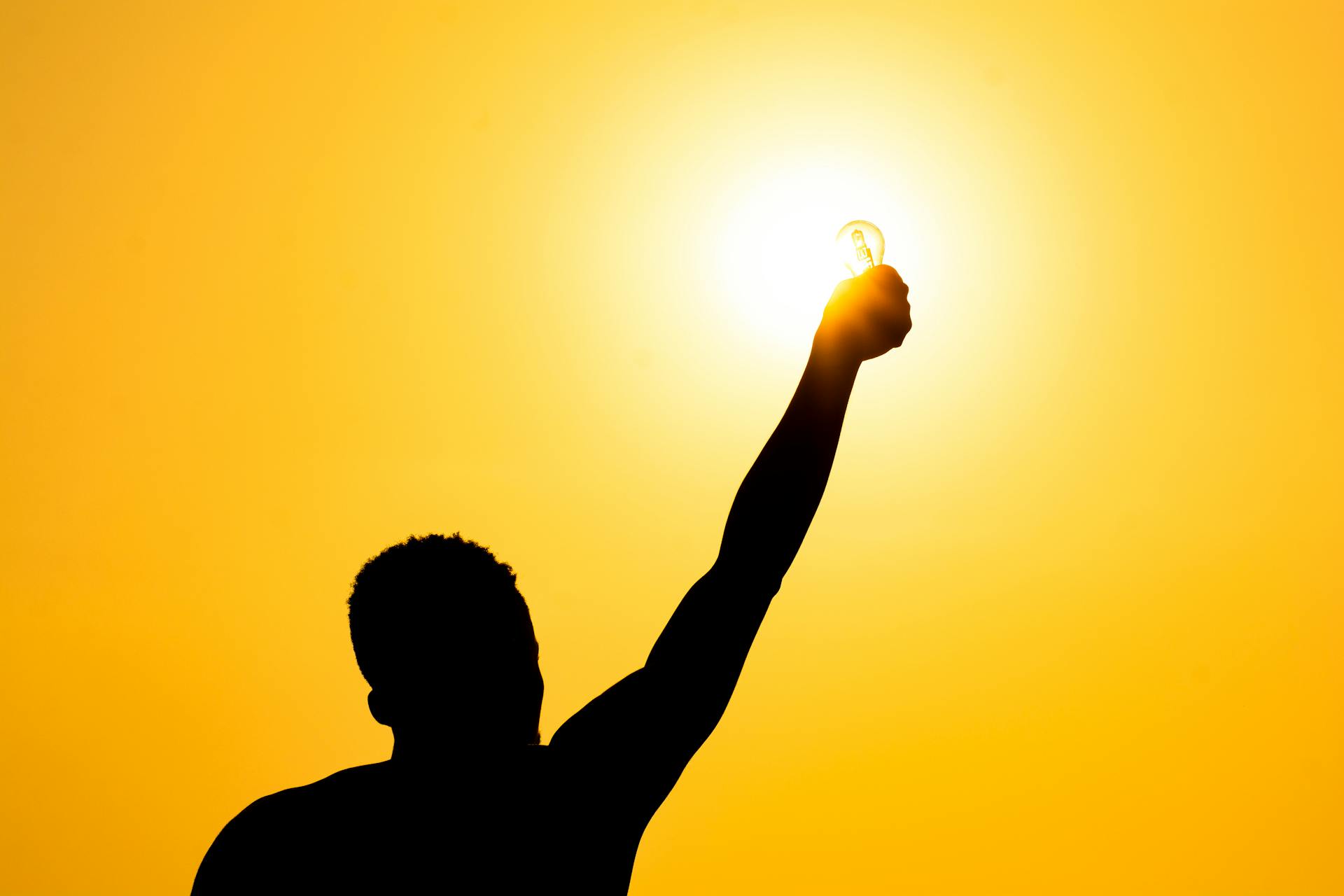 Silhouette of a man celebrating an idea with a light bulb against a vibrant sunset.