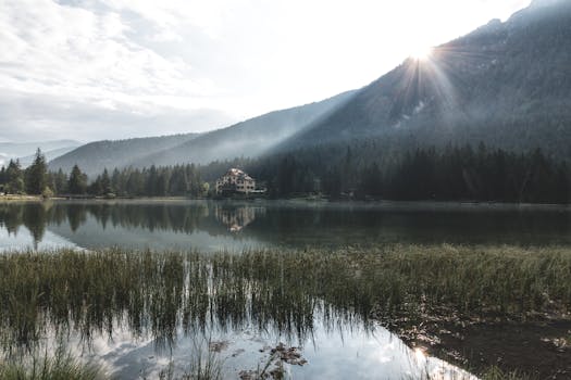 日出时分，宁静的湖景与房屋、山峦和森林共同营造出安详的氛围