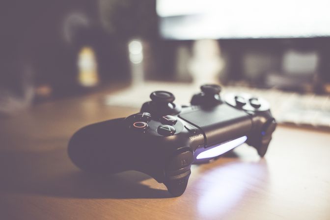 Gaming setup with controller and headset