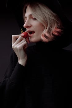 Elegant woman in black hat and clothing eating a radish against a dark backdrop.