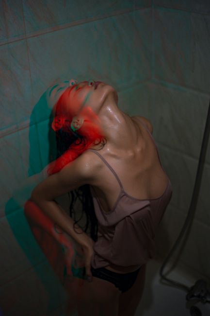 Sensual Asian female with head raised in underwear after bathing in 3D effect