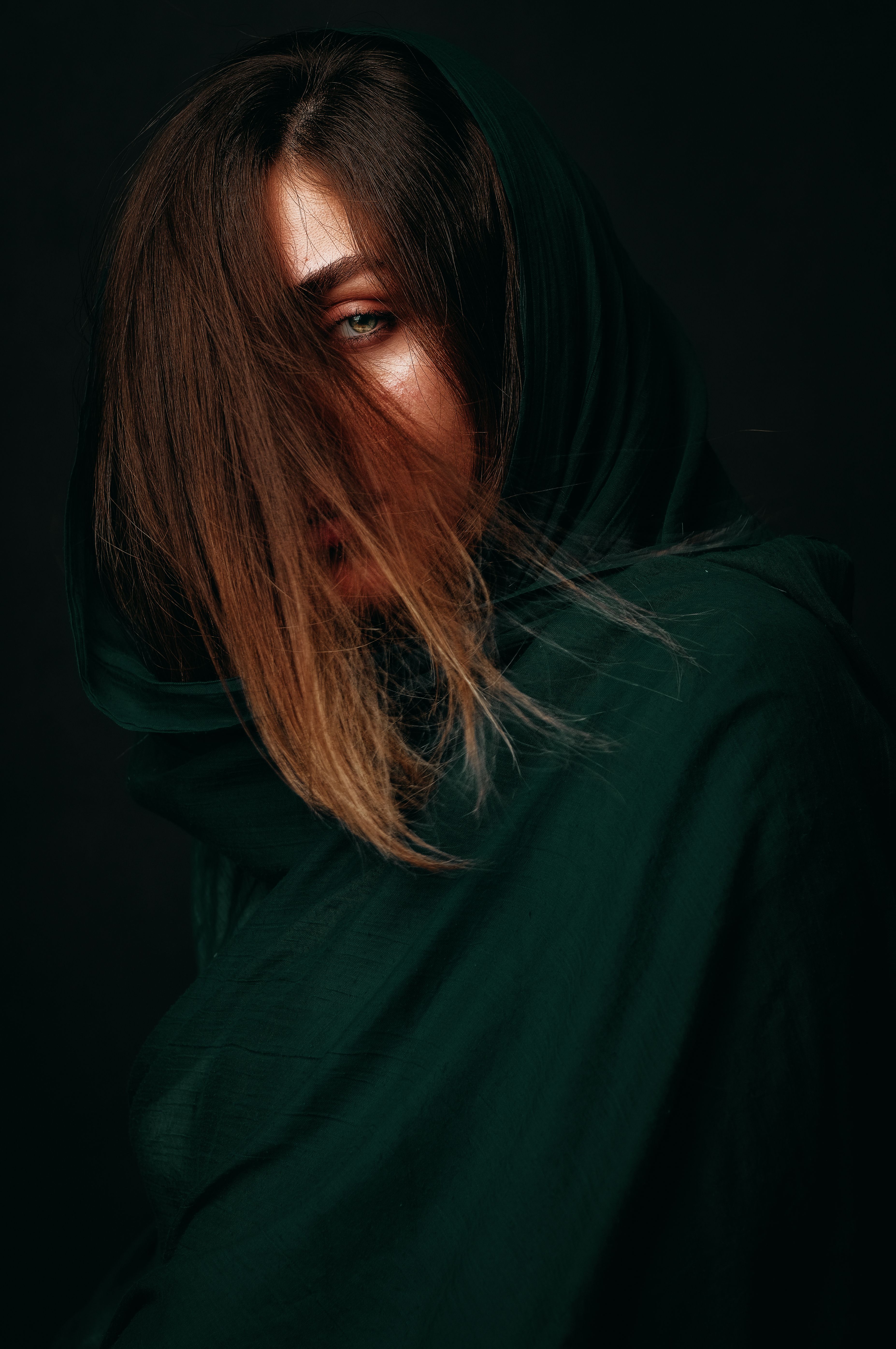 一位戴着深绿色头巾的女人，她的肖像充满戏剧性，散发着喜怒无常的氛围