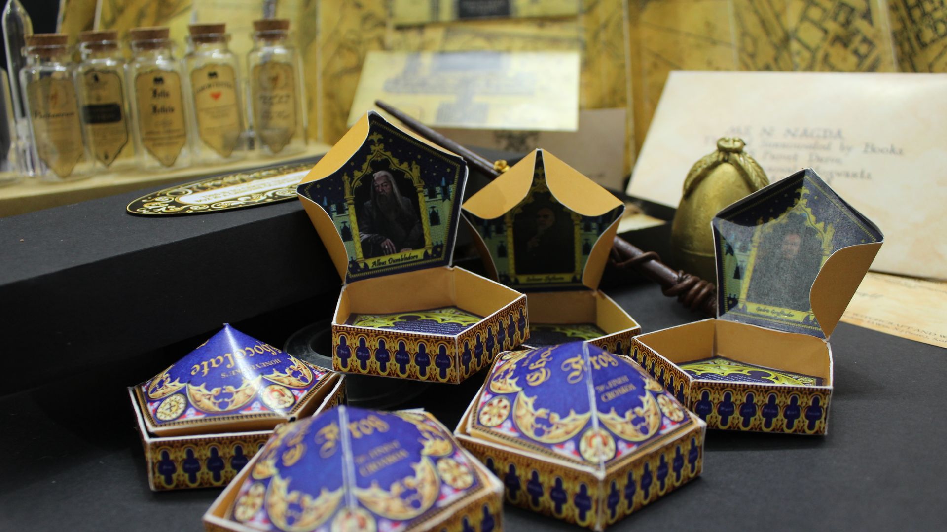 Detailed display of ornate chocolate frog boxes with wizard cards and potions.