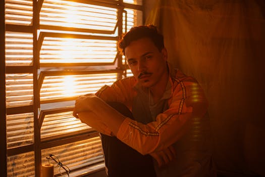 A young man sits thoughtfully by a window with warm sunlight streaming in, creating a serene mood.