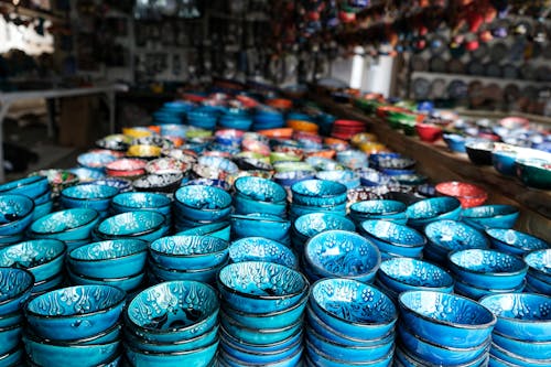 Free Rows Of Ceramic Bowls in a Souvenir Store Stock Photo