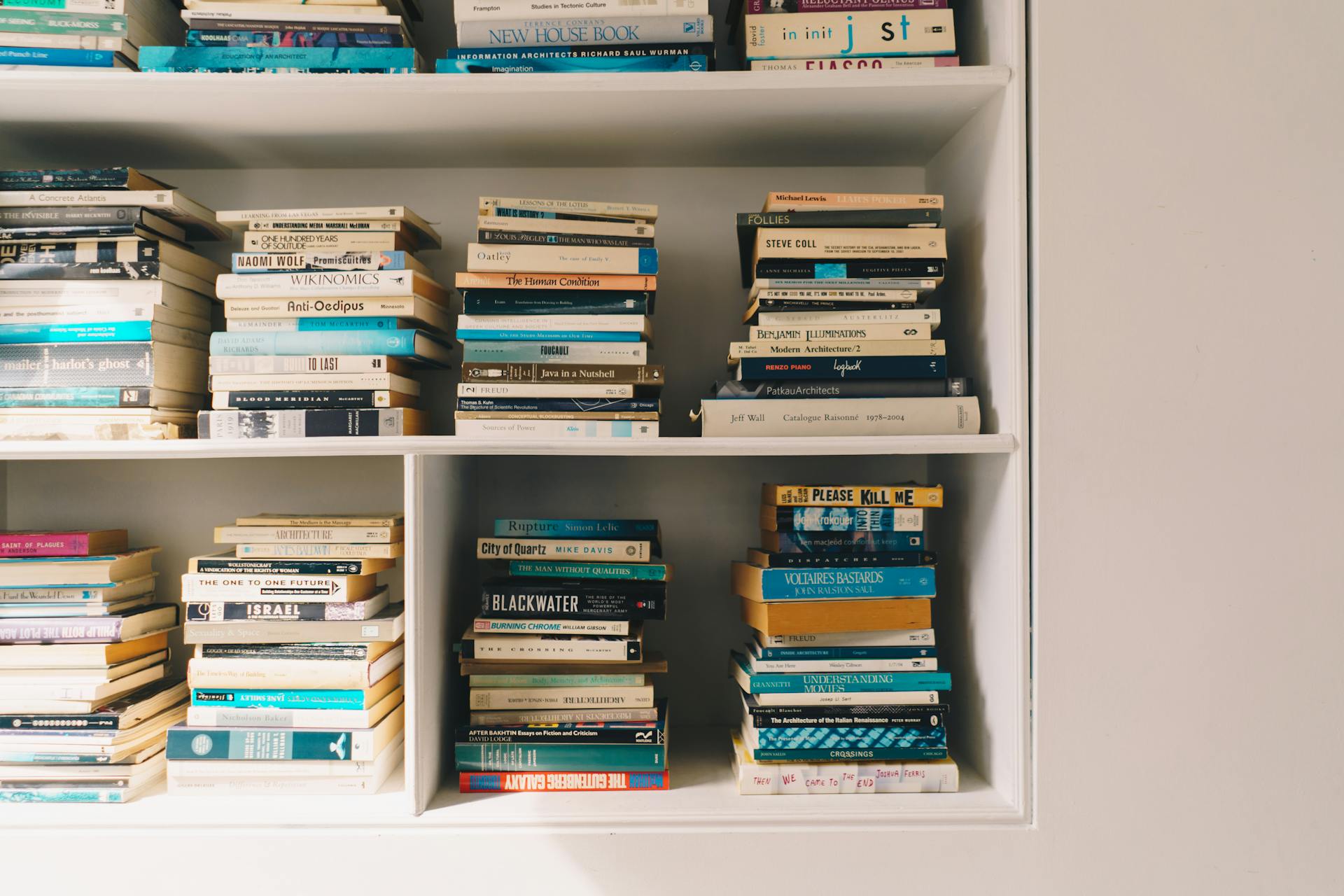 A neatly organized bookshelf filled with a rich, eclectic collection of books.