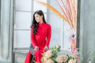 Brunette Woman in Red Dress Sitting at Bay Window