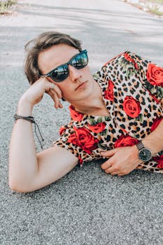 Stylish man relaxing outdoors in floral and leopard print shirt, wearing sunglasses and wrist accessories.