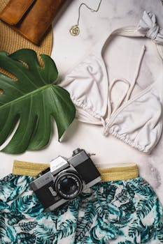 Tropical vibe summer essentials: swimwear, vintage camera, and monstera leaf.