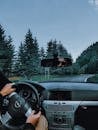 Man driving modern car near coniferous forest