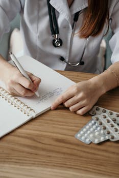Close-up of a doctor writing a prescription with medicine on a wooden desk.