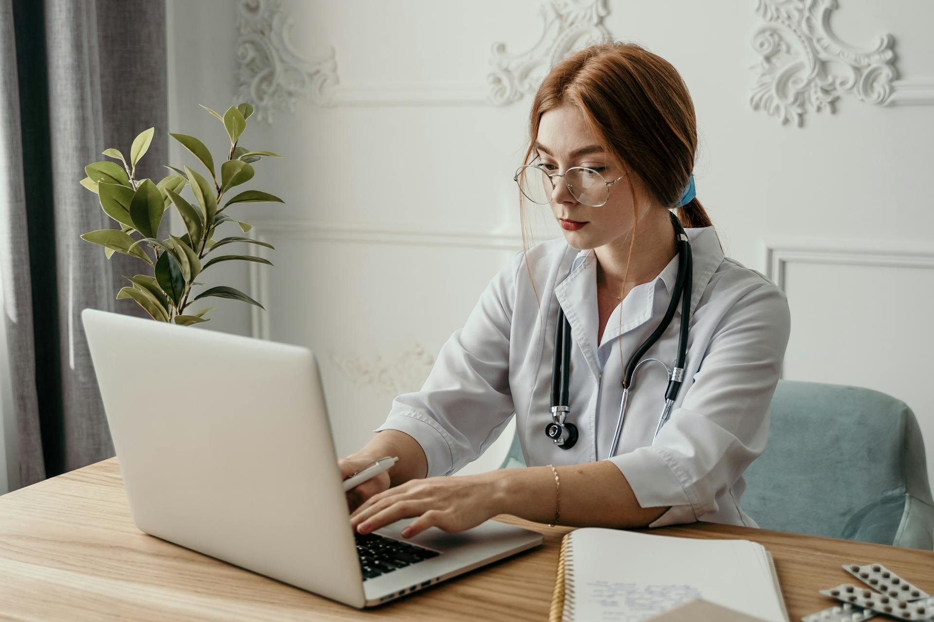 A female doctor using a laptop in a modern healthcare office setting.