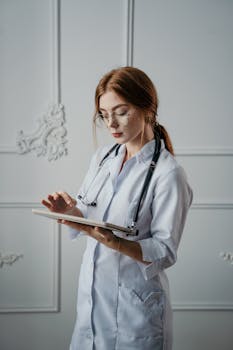 A female doctor in a white coat using a tablet with a stethoscope around her neck.