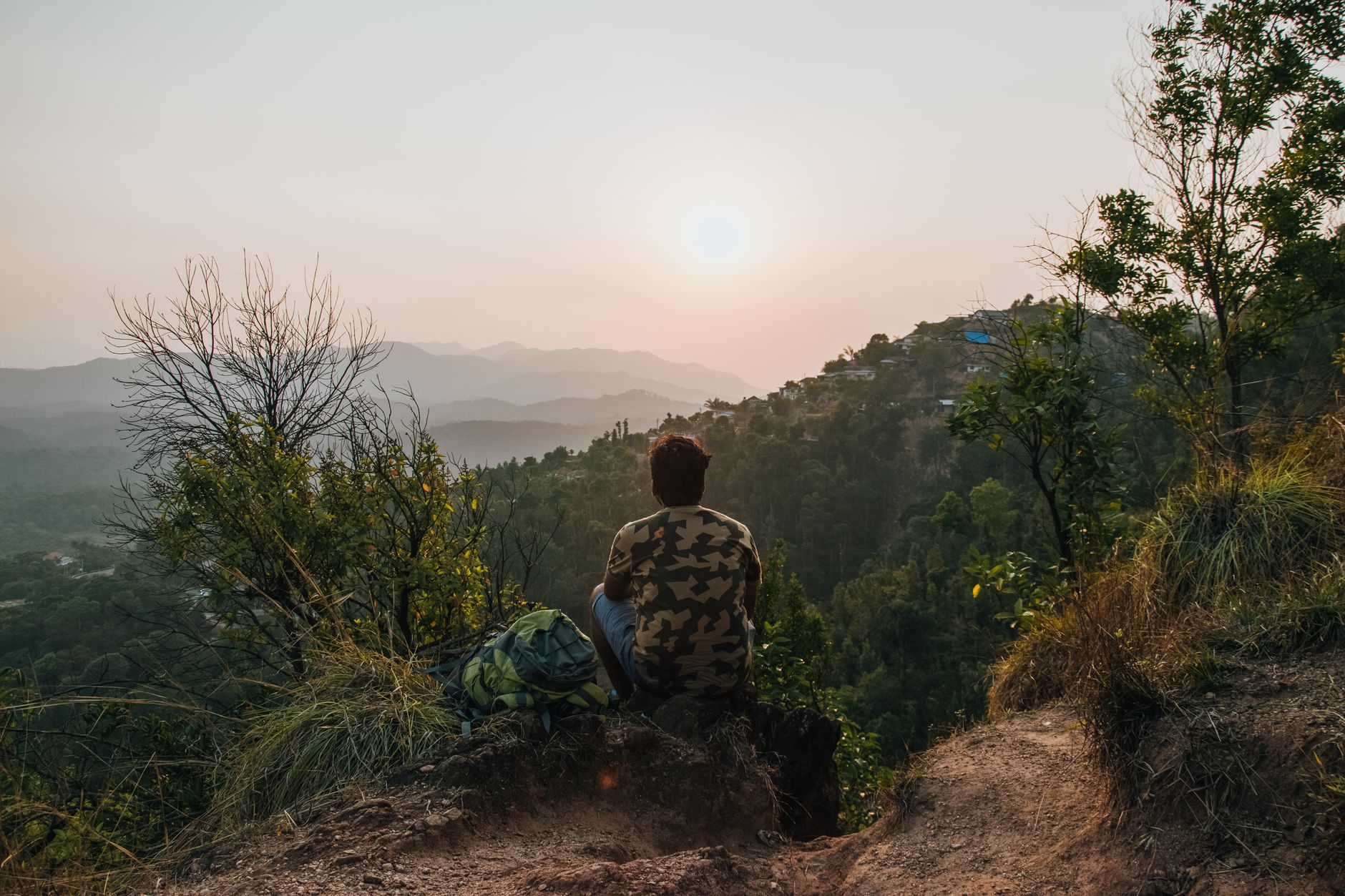 Back biew of anonymous male observing picturesque mountains and forest on cliff with trees in sunrise