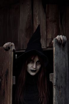 在一个怪异的万圣节场景里，一个涂着深色口红的幽灵女巫正从谷仓门向外张望