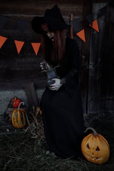 在万圣节的背景下，一位涂着深色口红的神秘女巫手持一口大锅