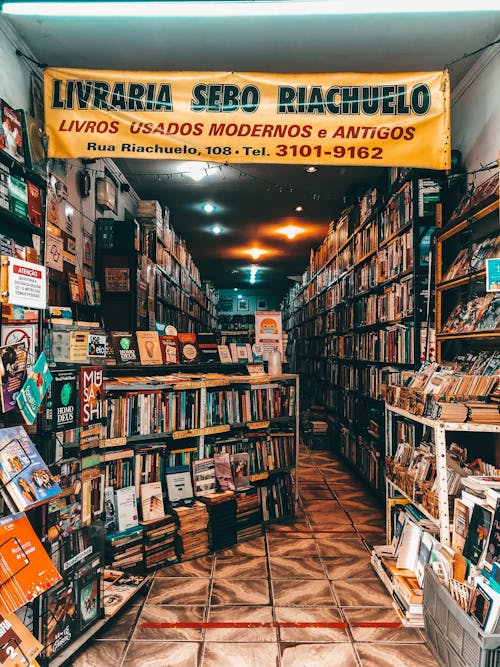 Shelves with collections of books in store