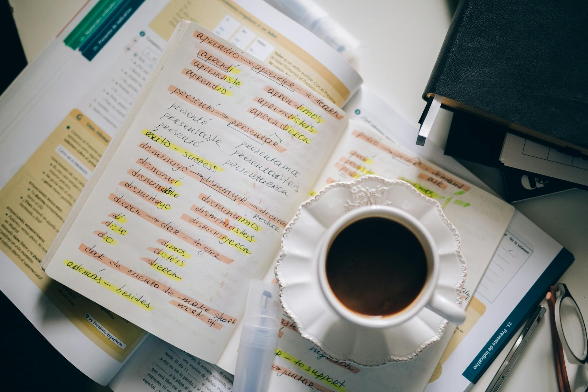 A Cup of Black Coffee on a Notebook with Notes of Foreign Language with Translation