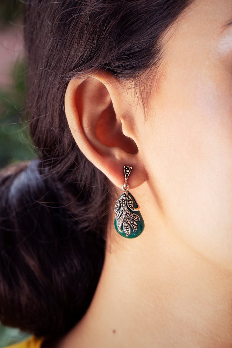 Green Gem Stone Earring Womans Ear 