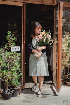 Asian female florist standing at shop entrance with a bouquet of flowers, smiling under sunlight.