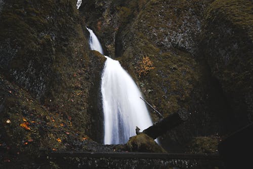 From below of majestic water cascade falling from high cliff covered with lush greenery